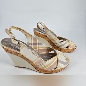Kenzie Cream Plaid Wedge Platform Sandals Cork Platform 7.5 M
